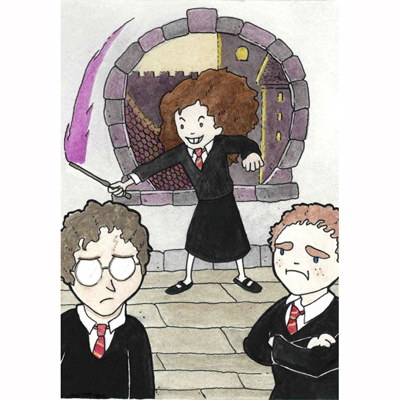 Hermoine Granger shows off a spell to Harry Potter and Ron Weasely