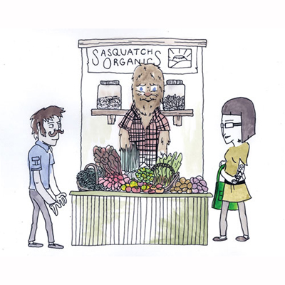 a sasquatch sells its vegetables at a market stand
